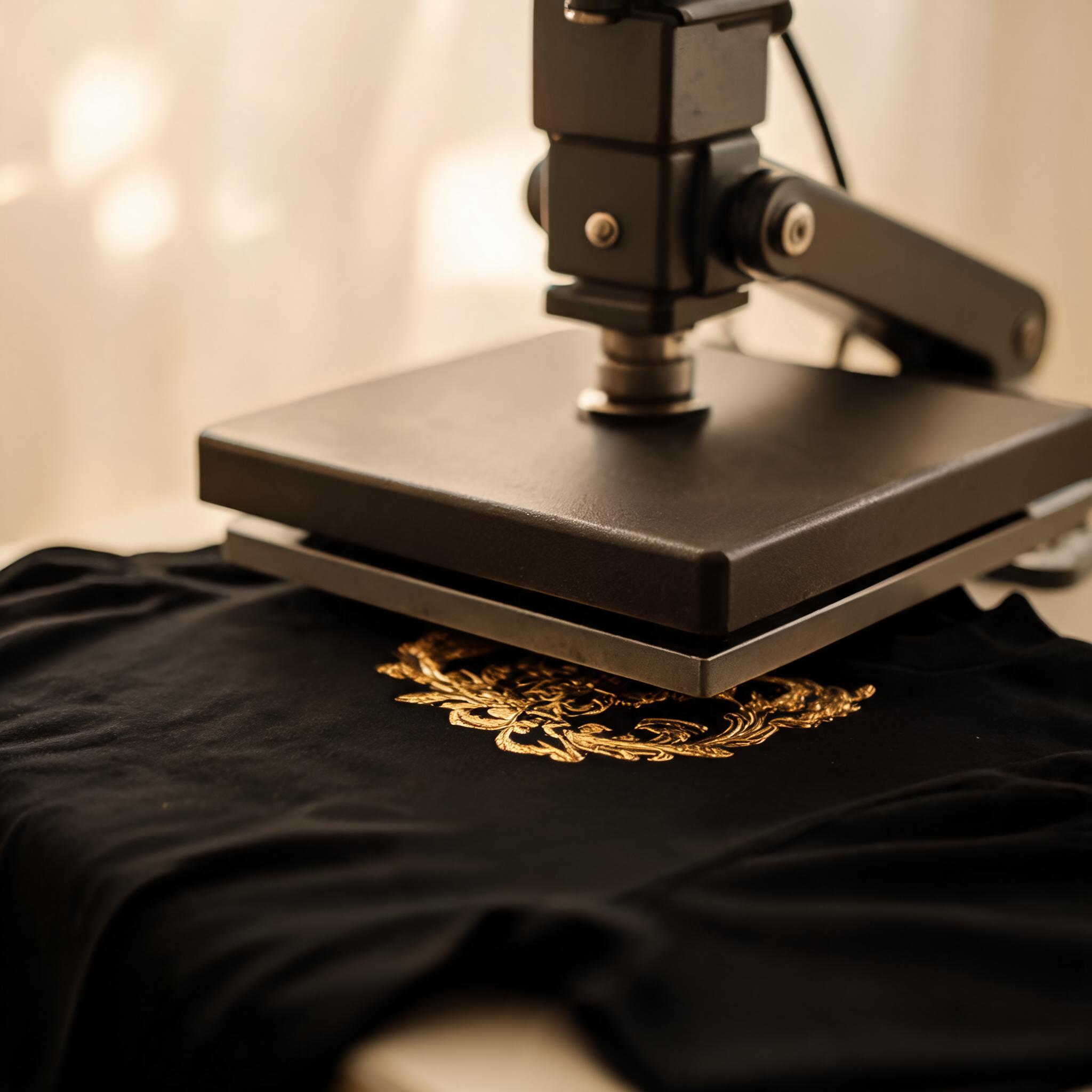 Heat press applying a gold design to a t-shirt in the MANVO workshop